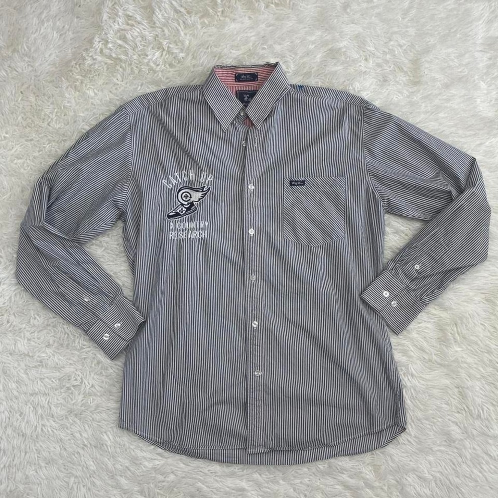 LRG Catch Up x Country Research white + black striped button up shirt